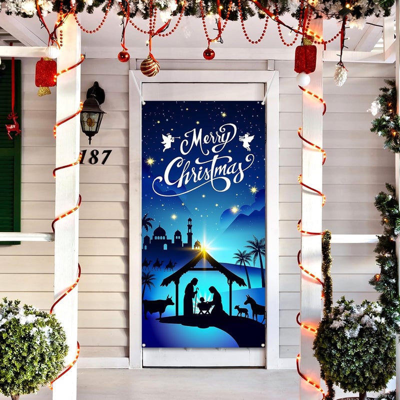 Cutechunfa Nativity Scene Christmas Door Cover for Front Door - Fabric Jesus Holy Night Religious Decor - Image 4